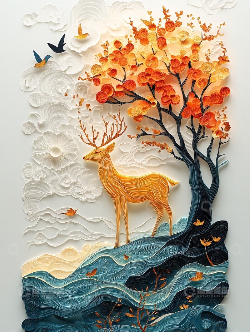 高清大图下载【趣麦麦图】金鹿剪纸装饰画1