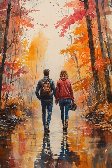 情侣散步水彩画