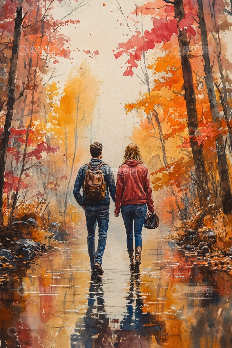 高清大图下载【趣麦麦图】情侣散步水彩画