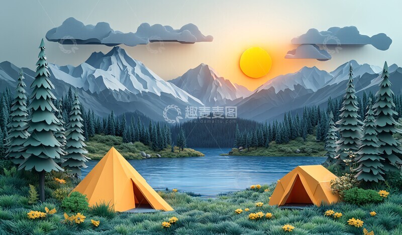 高清大图下载【趣麦麦图】卡通风格露营场景1