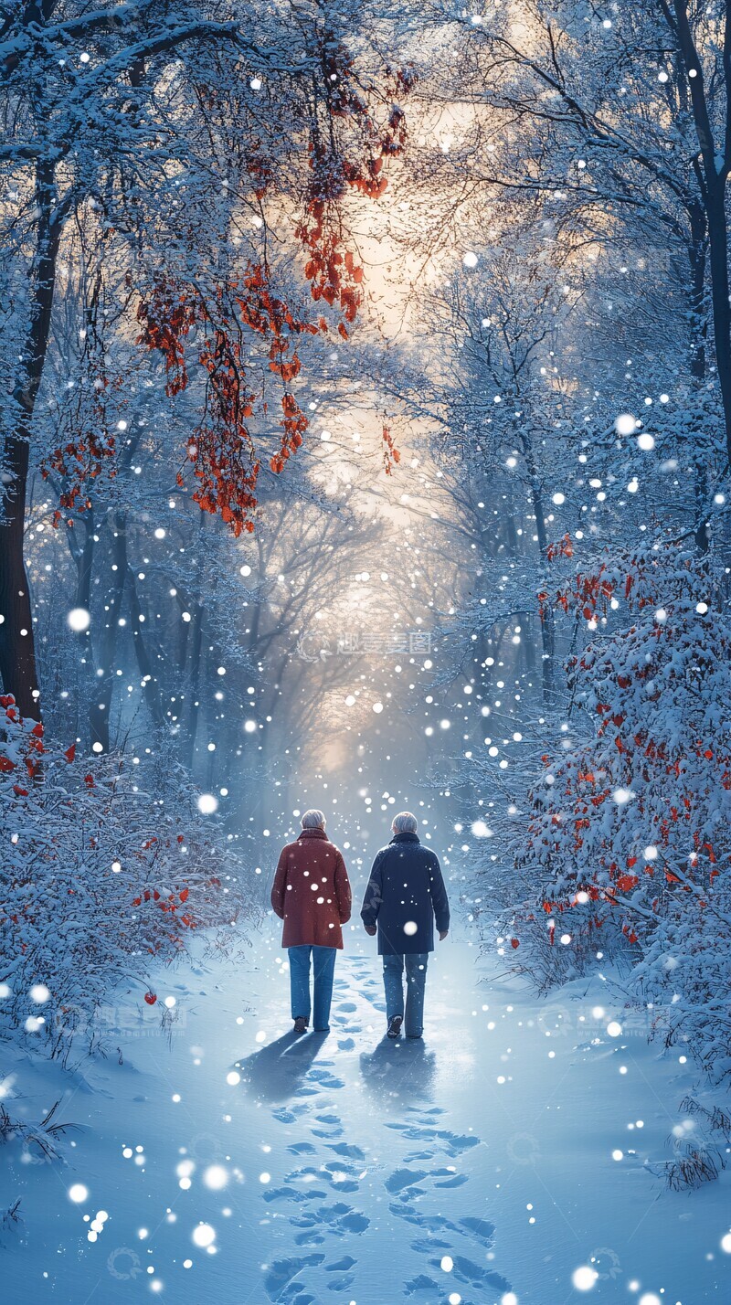 雪中漫步森林老人夫妻