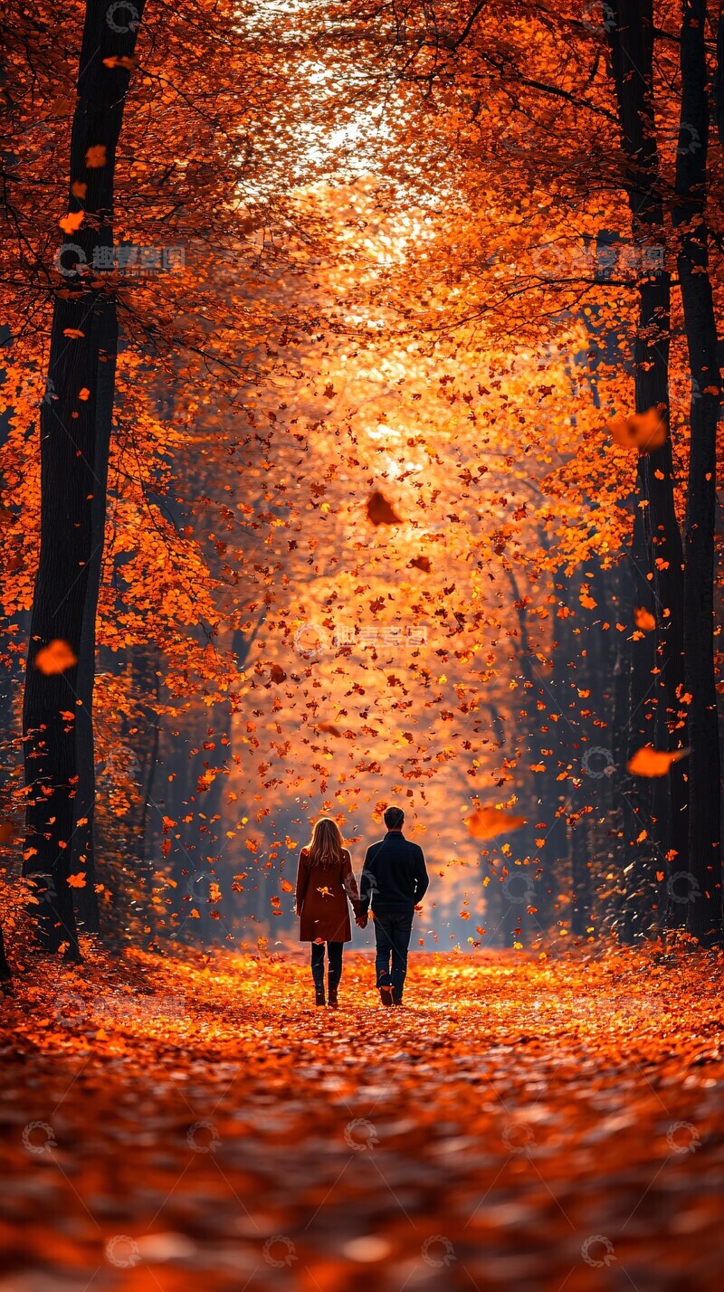 高清大图下载【趣麦麦图】枫林小径情侣照1