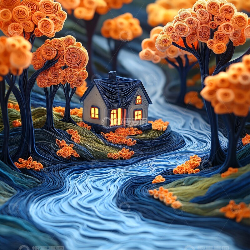 高清大图下载【趣麦麦图】森林小屋与河流