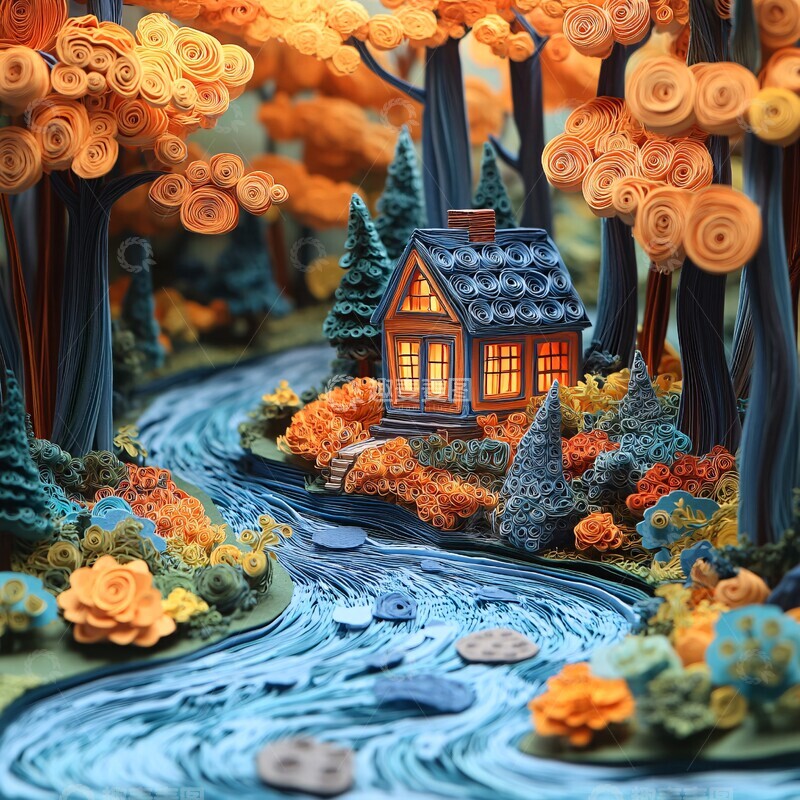 高清大图下载【趣麦麦图】森林小屋与河流1