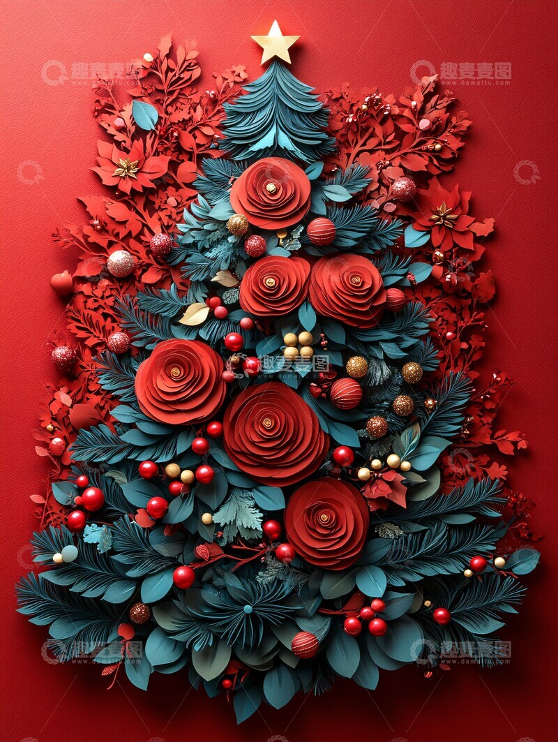 高清大图下载【趣麦麦图】圣诞剪纸红背景3