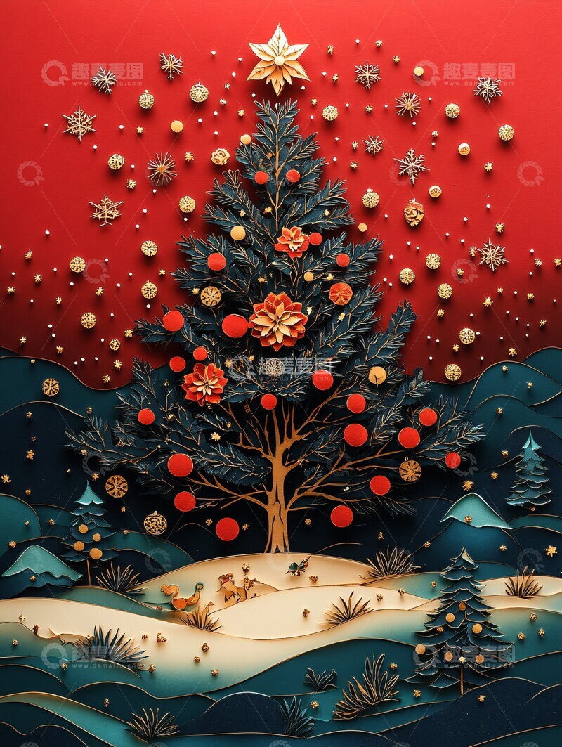 高清大图下载【趣麦麦图】圣诞剪纸红背景
