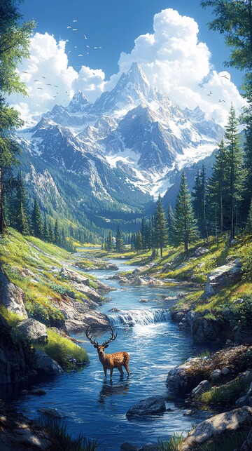 山林溪流鹿饮水3