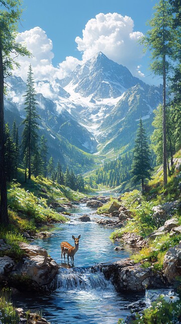 山林溪流鹿饮水1