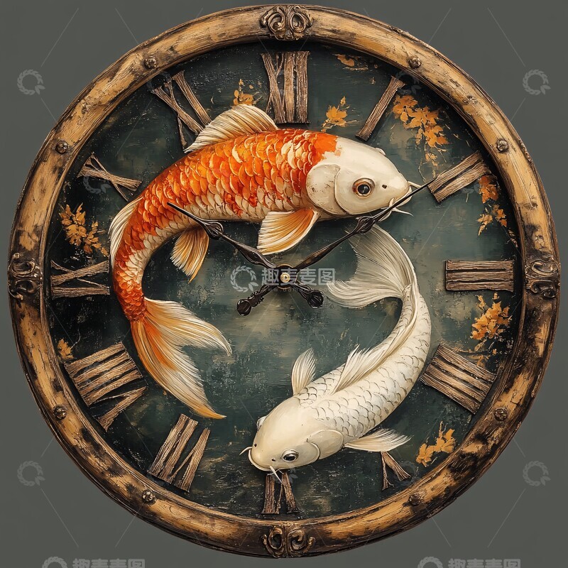高清大图下载【趣麦麦图】木刻钟与鱼木刻橙色白色