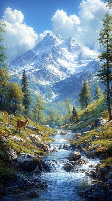 山林溪流鹿饮水2