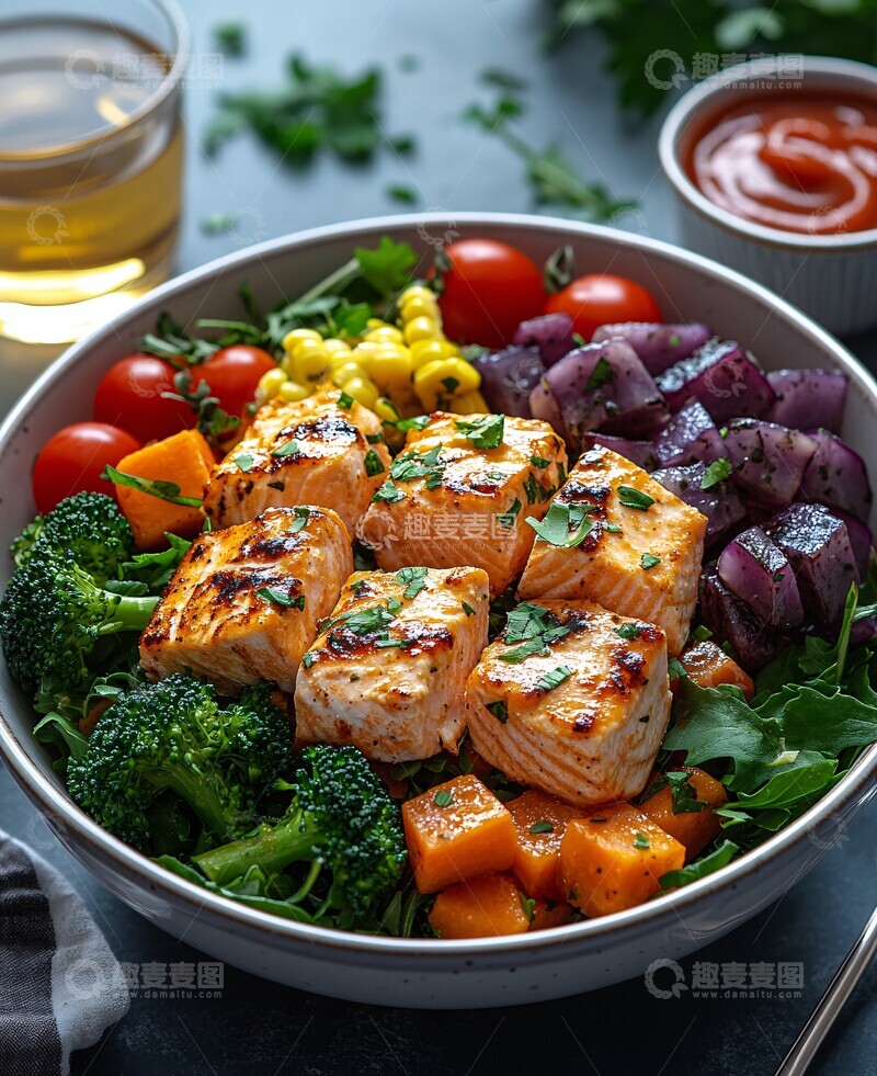 高清大图下载【趣麦麦图】鸡沙拉配鲑鱼和蔬菜2