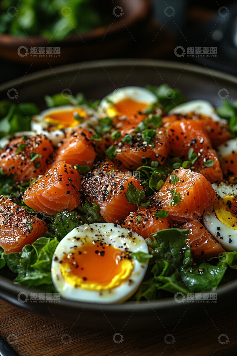 高清大图下载【趣麦麦图】鸡蛋生菜三文鱼沙拉