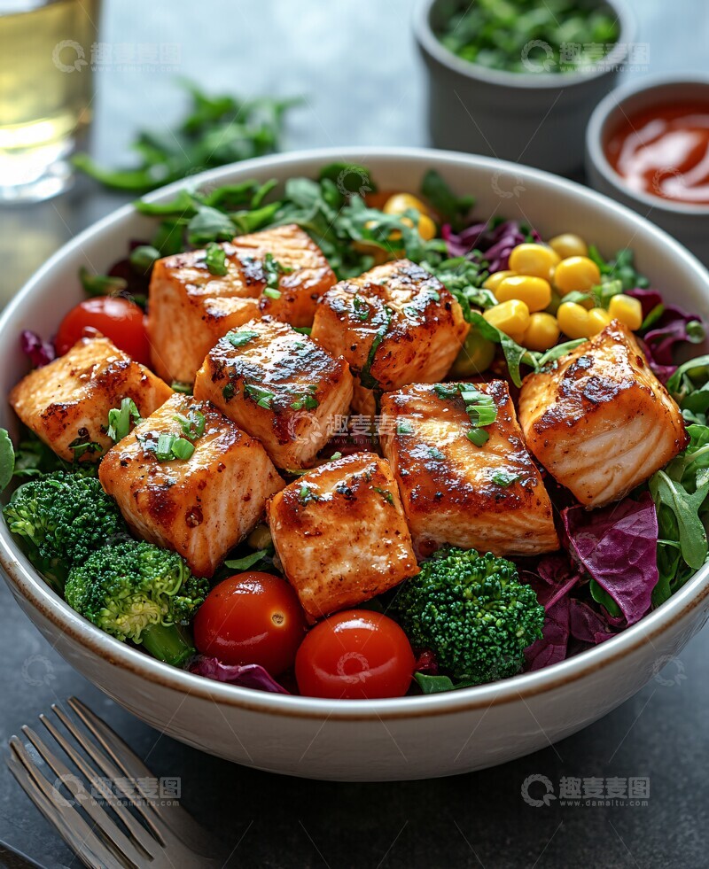 高清大图下载【趣麦麦图】鸡沙拉配鲑鱼和蔬菜1