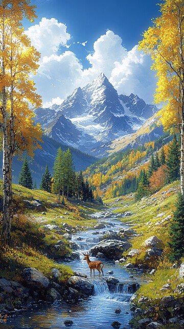 山林溪流鹿饮水