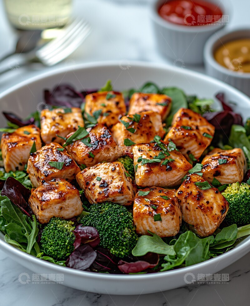高清大图下载【趣麦麦图】鸡沙拉配鲑鱼和蔬菜