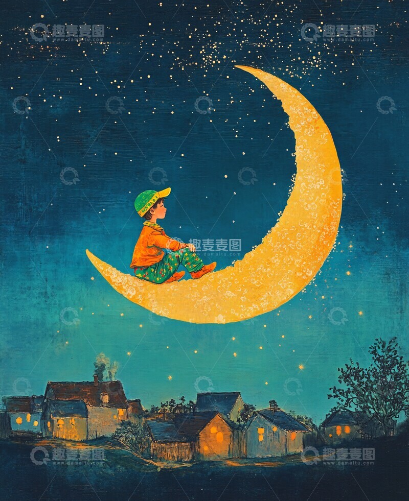 高清大图下载【趣麦麦图】男孩坐月牙男孩月牙夜空1