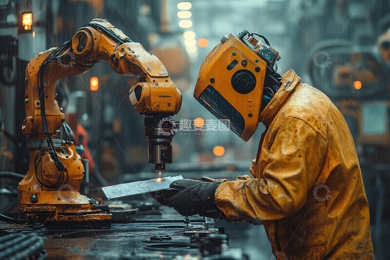 高清大图下载【趣麦麦图】工人焊接机械臂递铁