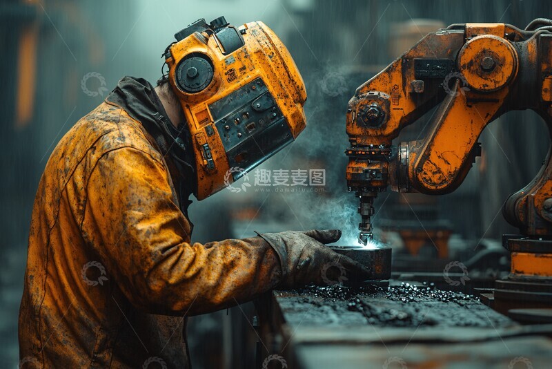 高清大图下载【趣麦麦图】工人焊接机械臂递铁1