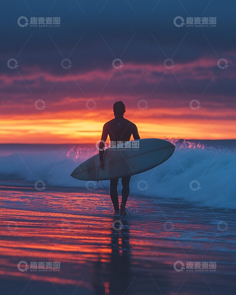 高清大图下载【趣麦麦图】冲浪者与夕阳海景1