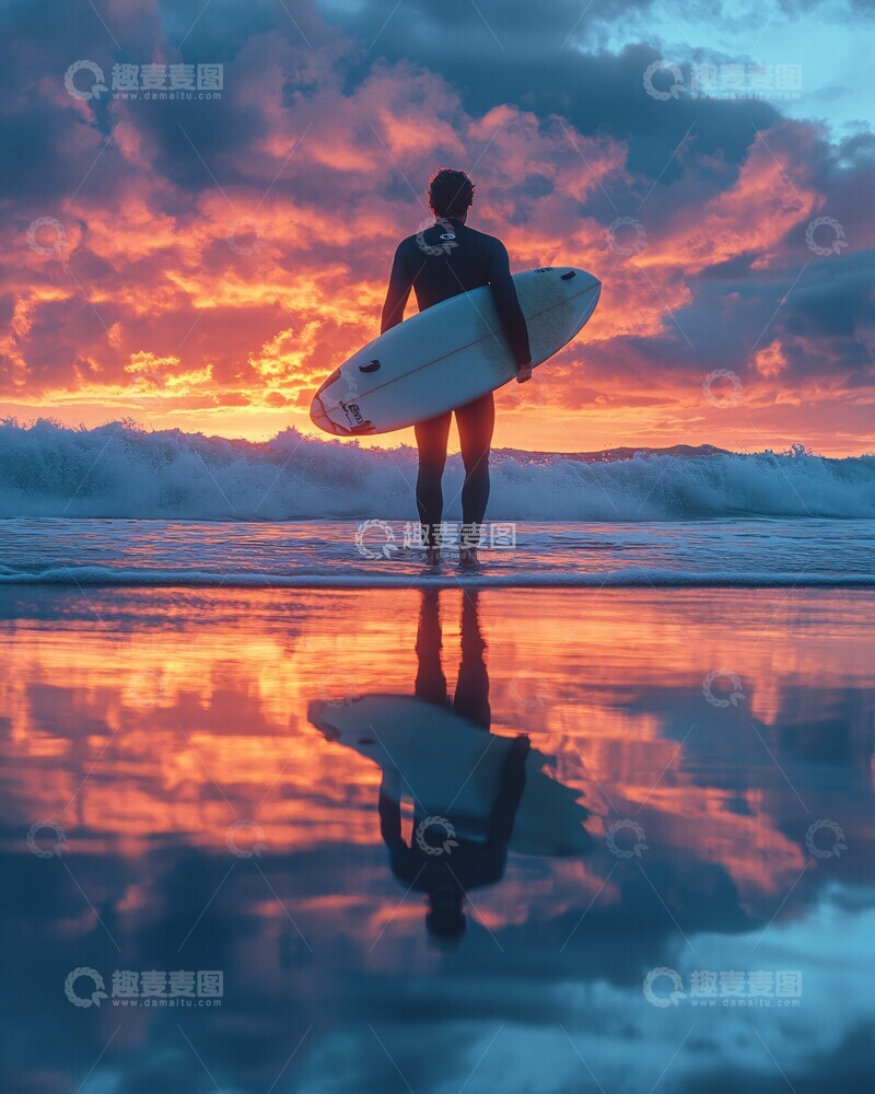 高清大图下载【趣麦麦图】冲浪者与夕阳海景
