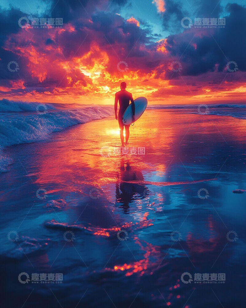 高清大图下载【趣麦麦图】冲浪者与夕阳海景2