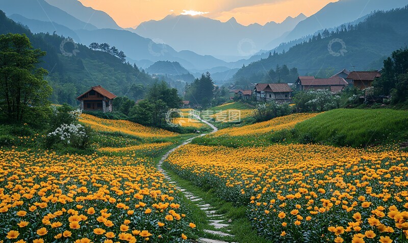 高清大图下载【趣麦麦图】油菜花与村庄