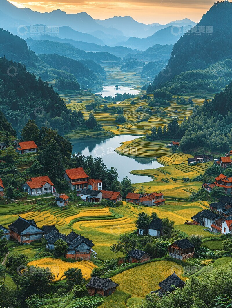 高清大图下载【趣麦麦图】稻田村庄风光1