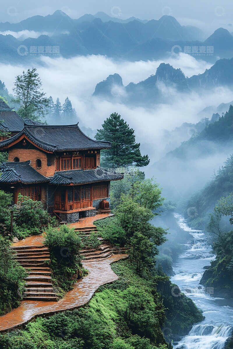 高清大图下载【趣麦麦图】山间云雾绿梯田1