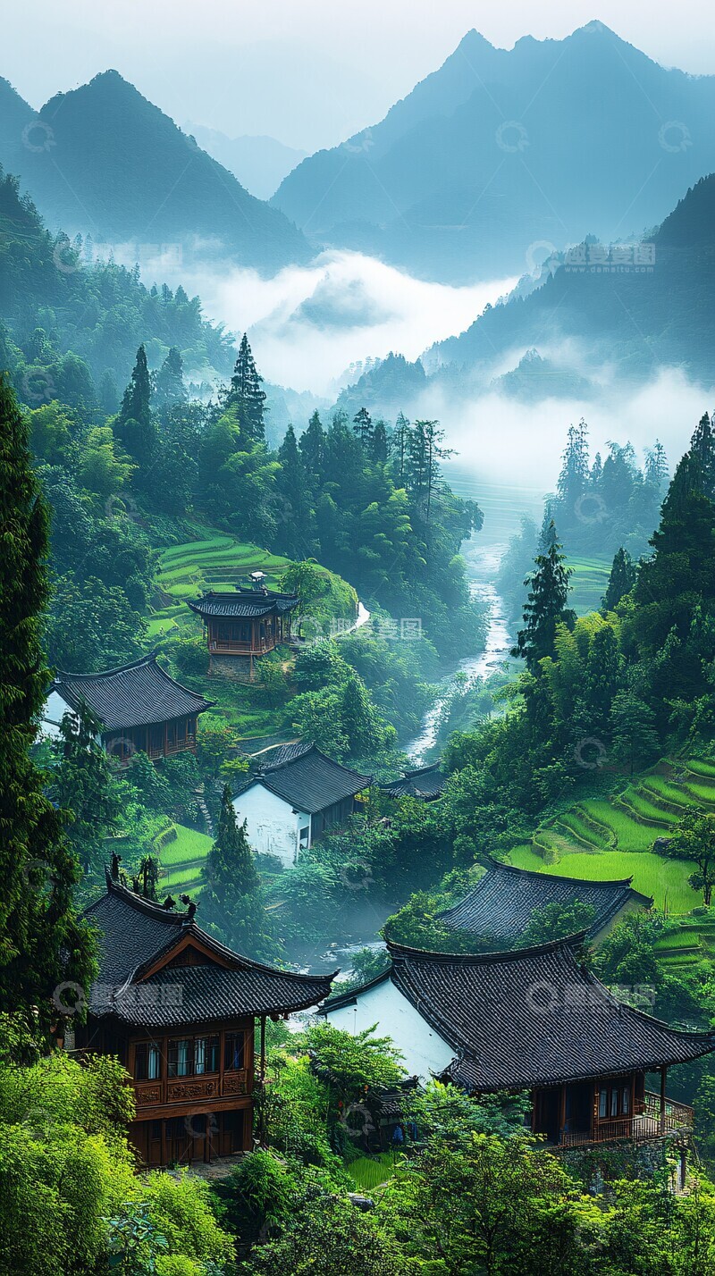 高清大图下载【趣麦麦图】云雾山间田园3