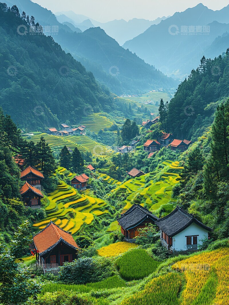 高清大图下载【趣麦麦图】稻田村庄风光