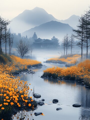 溪流穿田过溪流湿地村庄