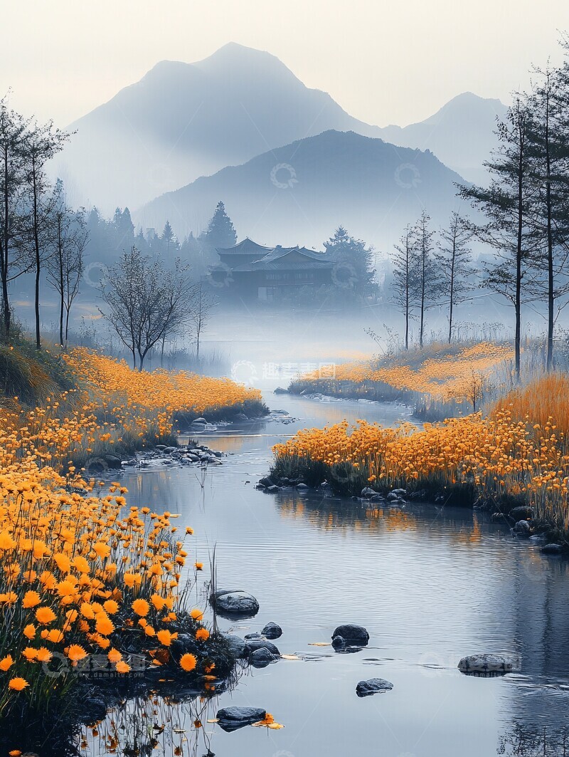 高清大图下载【趣麦麦图】溪流穿田过溪流湿地村庄