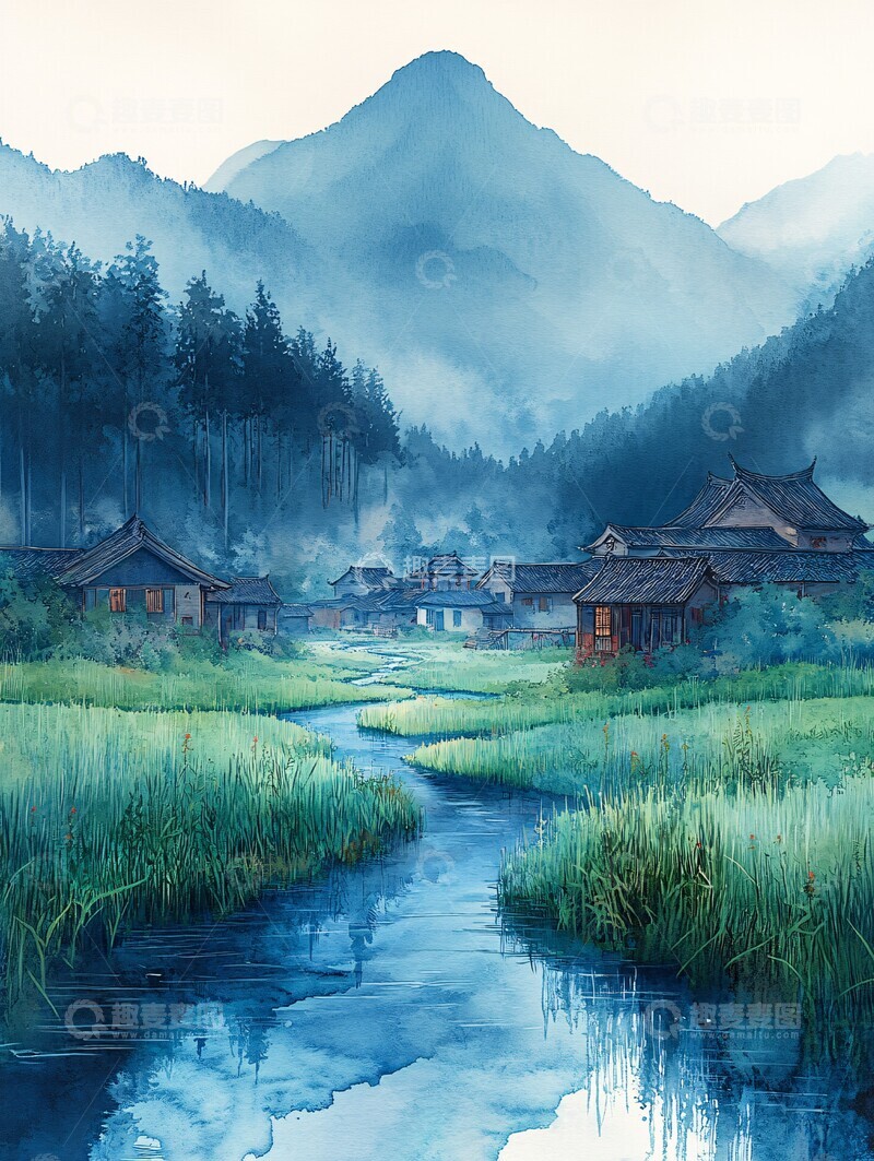 高清大图下载【趣麦麦图】溪流穿田过溪流湿地村庄1