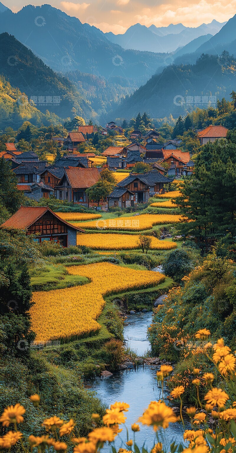 高清大图下载【趣麦麦图】稻田秋色与金色麦田2