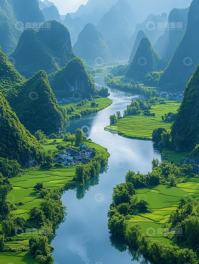 高清大图下载【趣麦麦图】稻田村落山水相映1