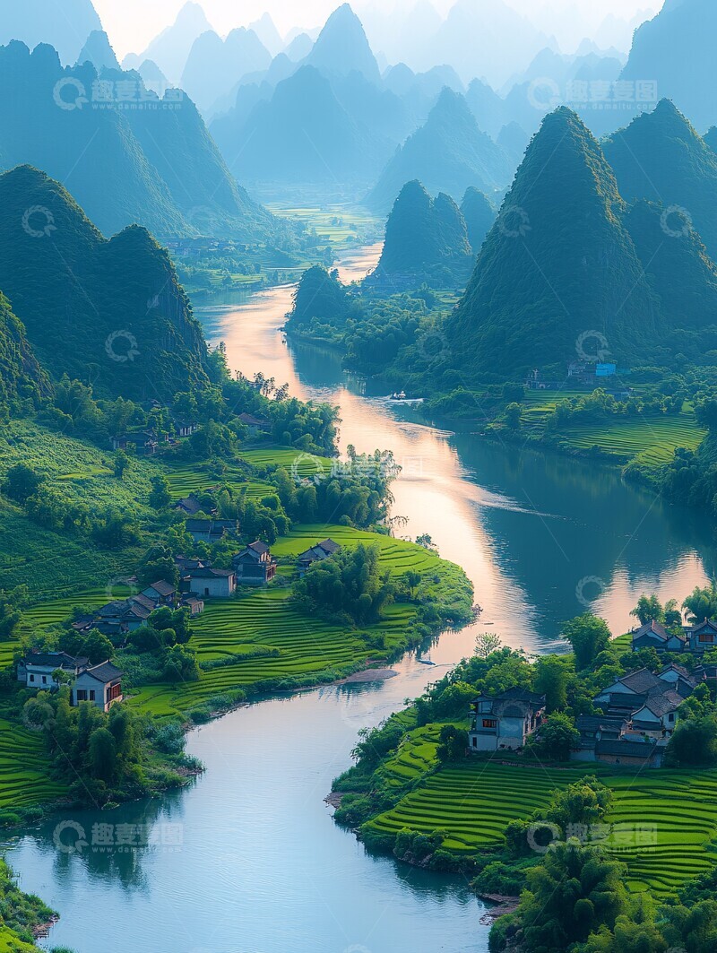 高清大图下载【趣麦麦图】稻田村落山水相映3