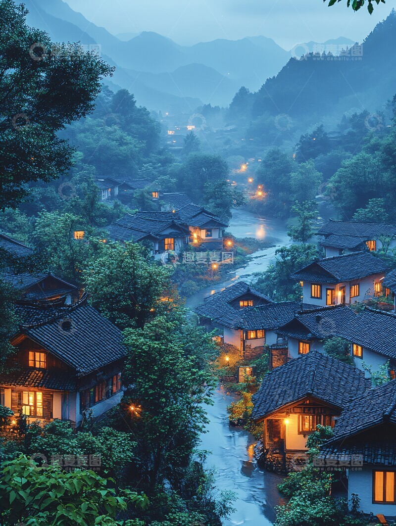 高清大图下载【趣麦麦图】山村夜色山村夜色房屋1