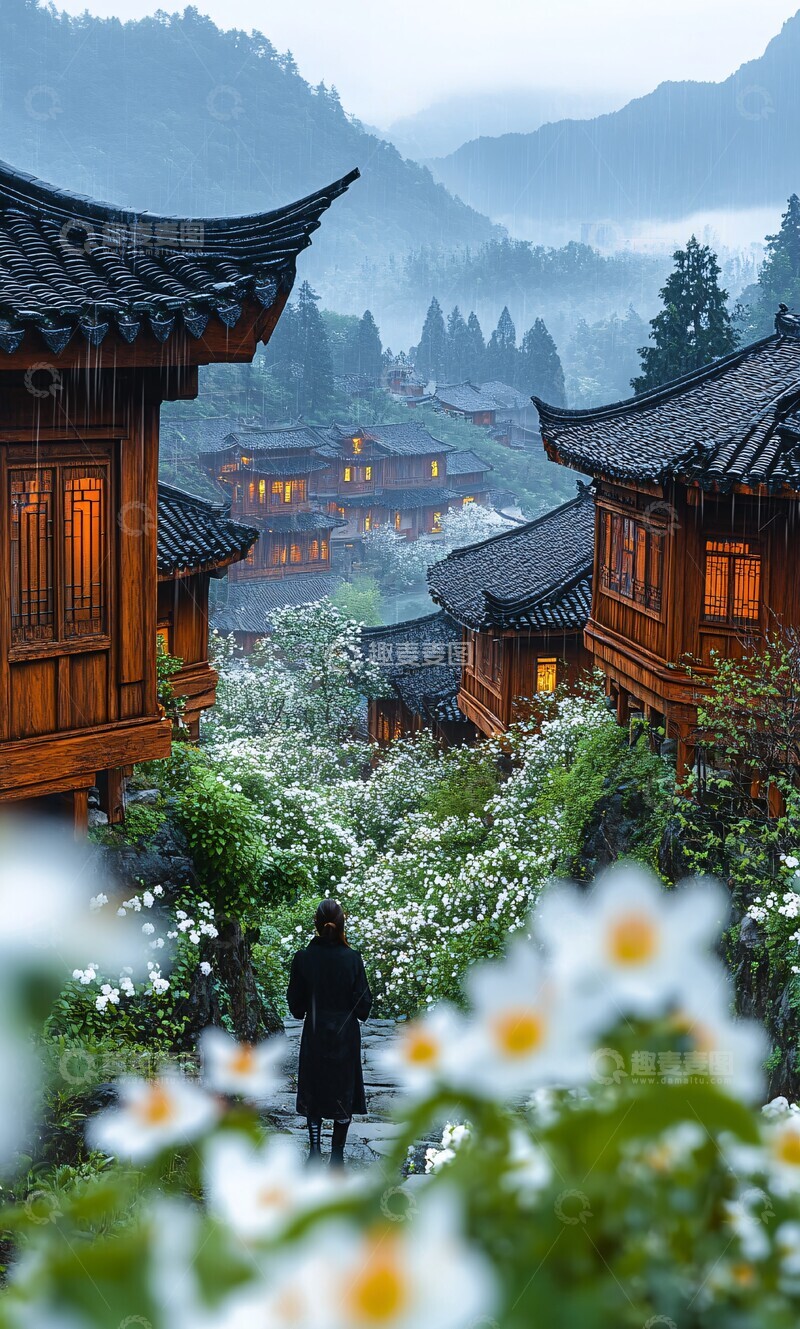 高清大图下载【趣麦麦图】-山间木屋夜雨图1