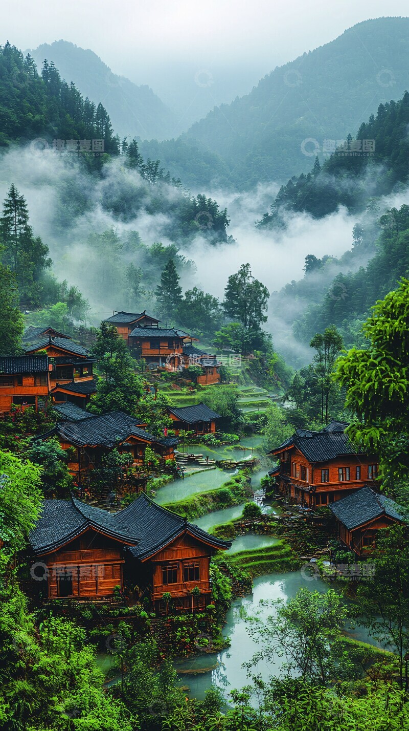 高清大图下载【趣麦麦图】稻田山村云雾缭绕1