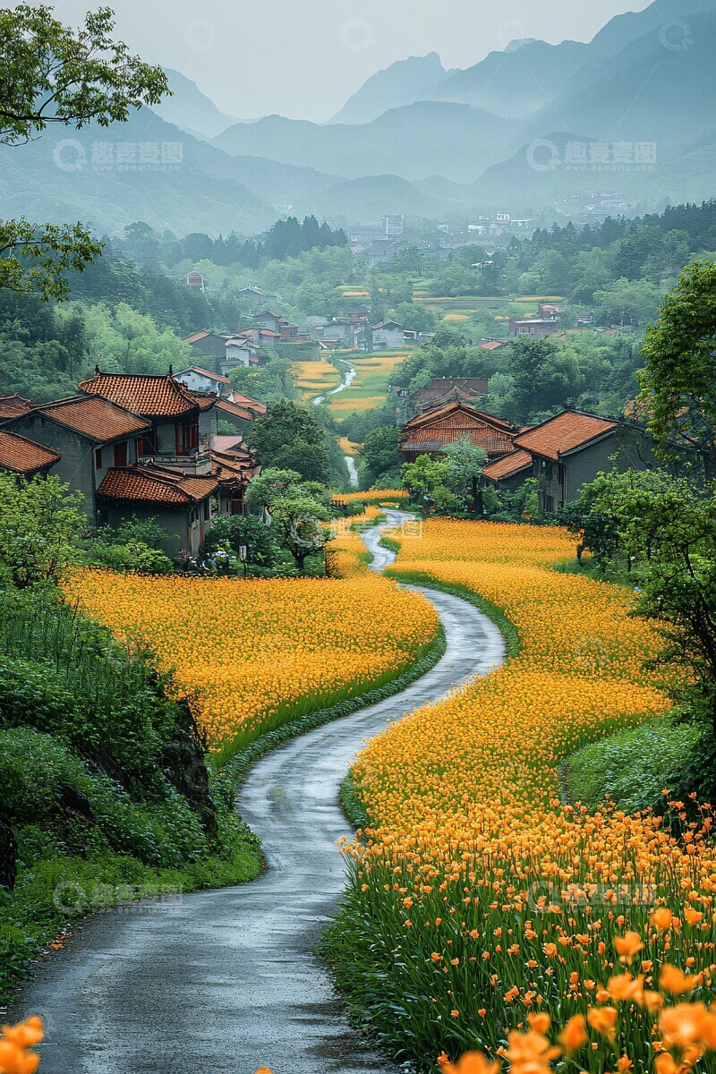 高清大图下载【趣麦麦图】油菜花盛开的路1