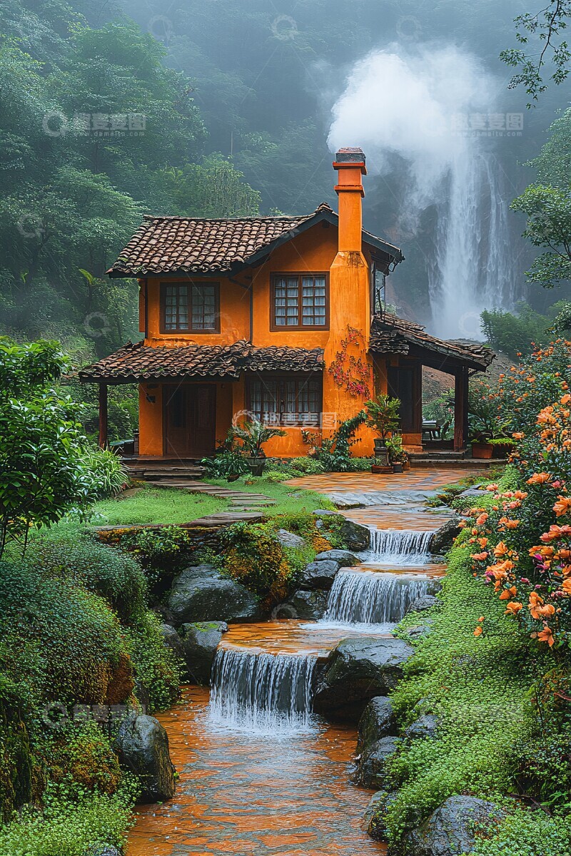 高清大图下载【趣麦麦图】别墅瀑布花园日出1