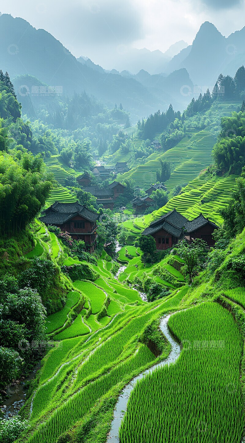 高清大图下载【趣麦麦图】梯田稻海梯田稻田村庄3