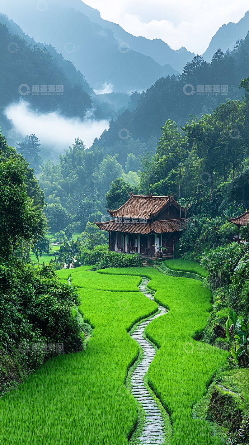 高清大图下载【趣麦麦图】稻田远山小屋1