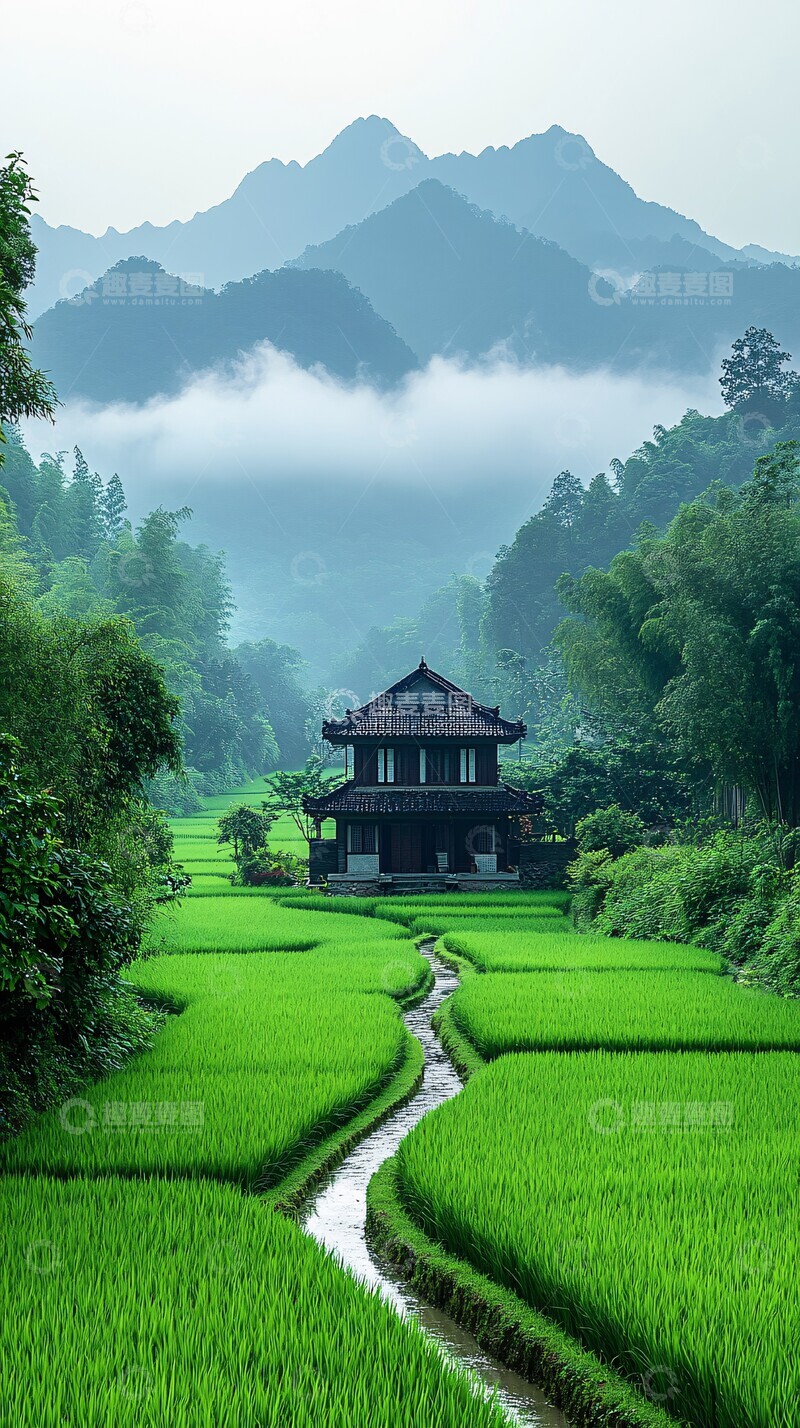 高清大图下载【趣麦麦图】稻田远山小屋2