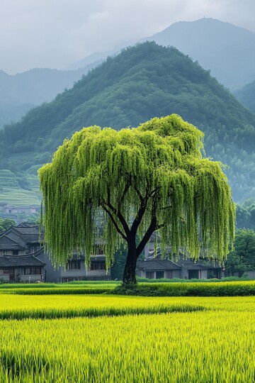 稻田远山柳树