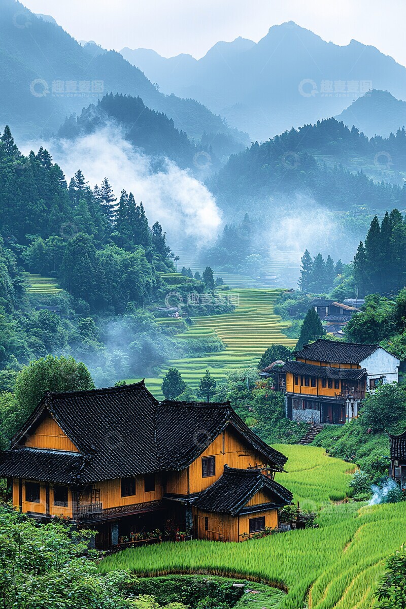 高清大图下载【趣麦麦图】稻田环绕山村景3