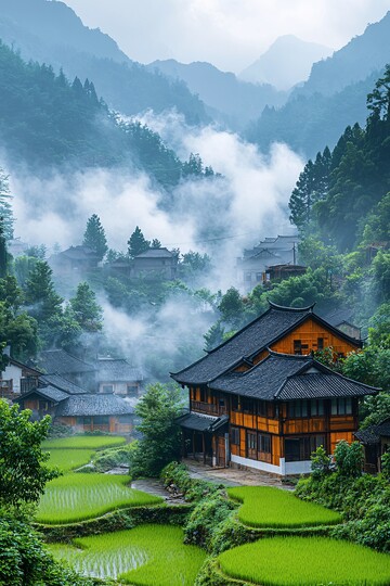 稻田环绕山村景1