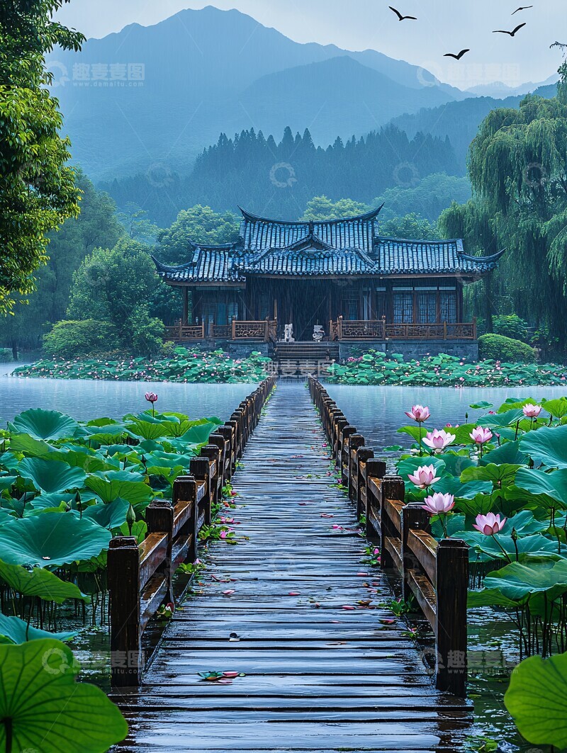 高清大图下载【趣麦麦图】莲塘木桥古屋