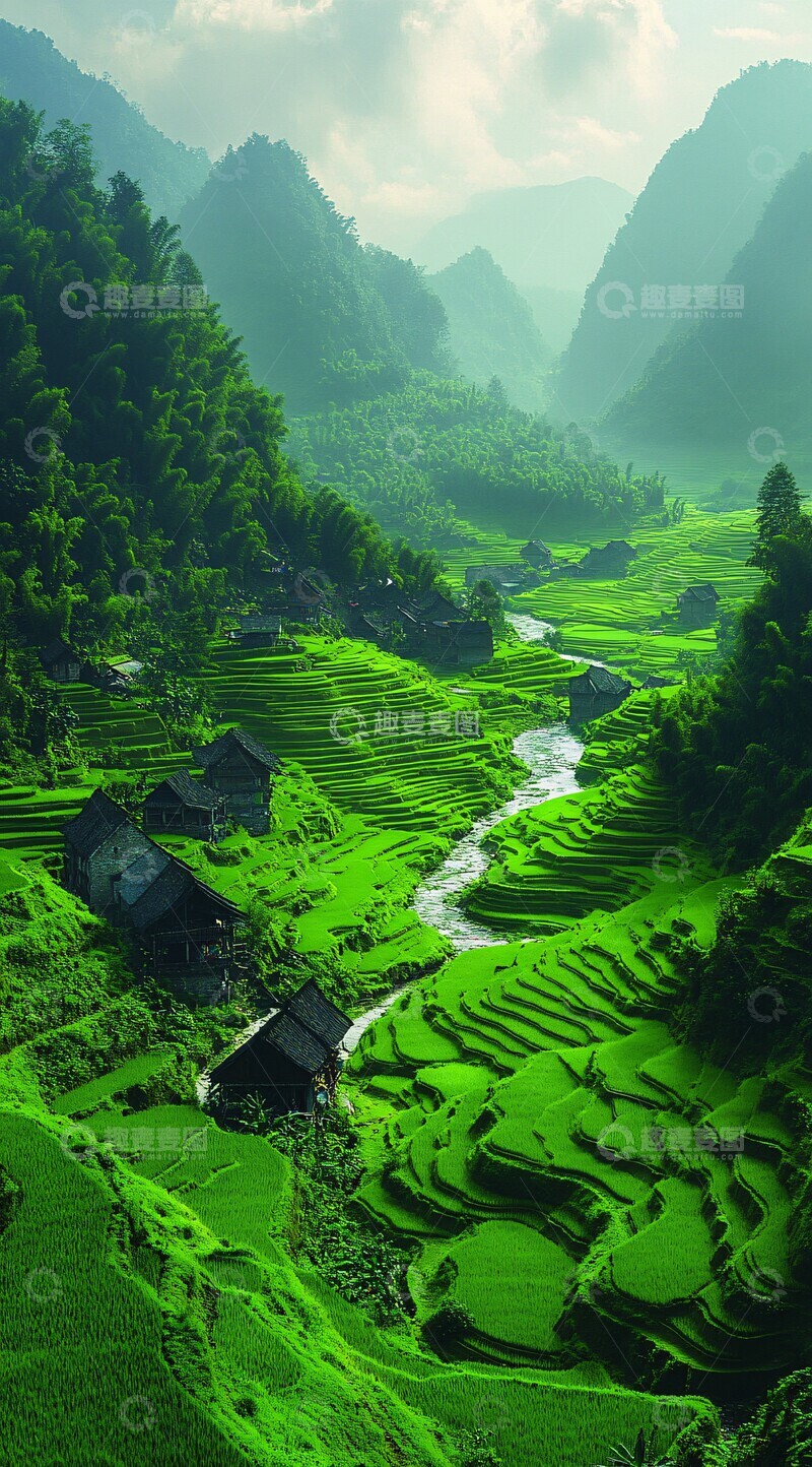 高清大图下载【趣麦麦图】梯田稻海梯田稻田村庄2
