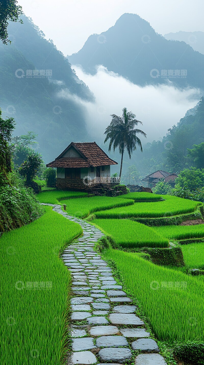 高清大图下载【趣麦麦图】稻田远山小屋